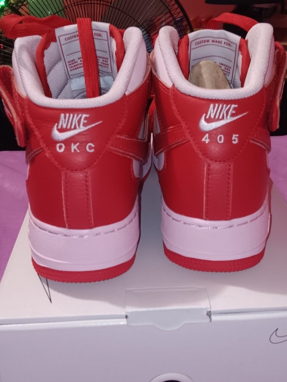 Nike AF1s Women’s Red and Light Pink High-Top Sneakers with OKC Detail